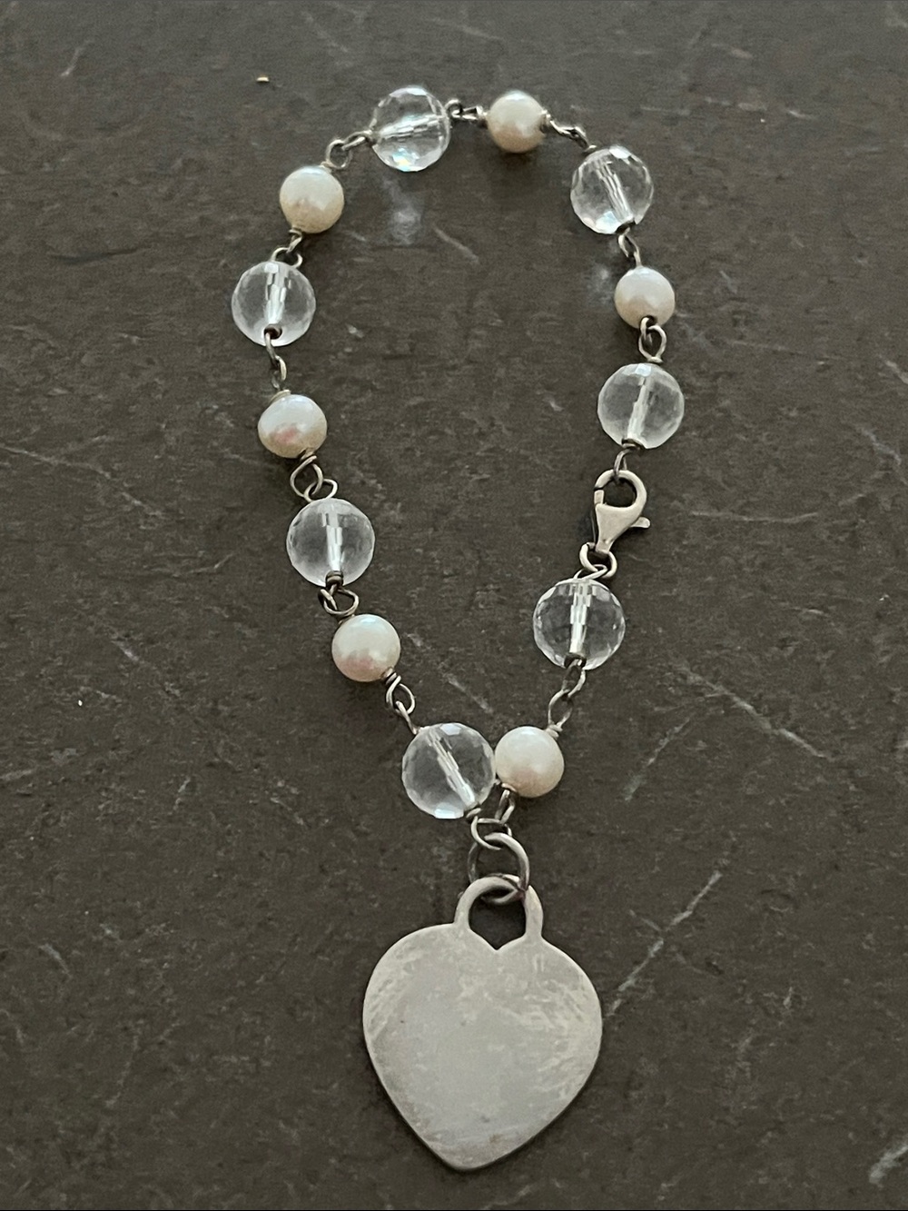 925 marked silver heart  charm bracelet with Clear Crystal and Pearl Beads